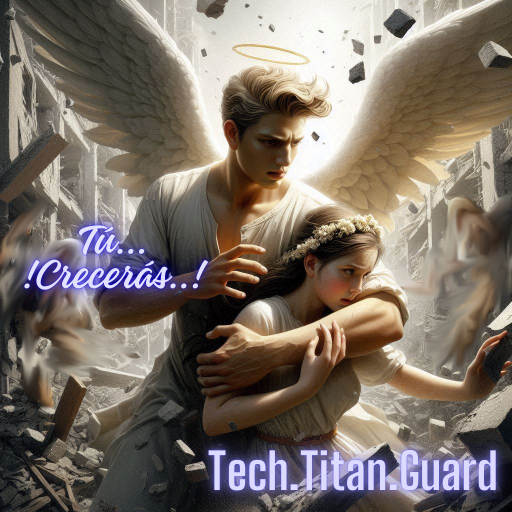 un angel protege a una niña mientras el mundo colapsa, de igual manera un tech-titan-guard la estrategia que protegerá las personas
